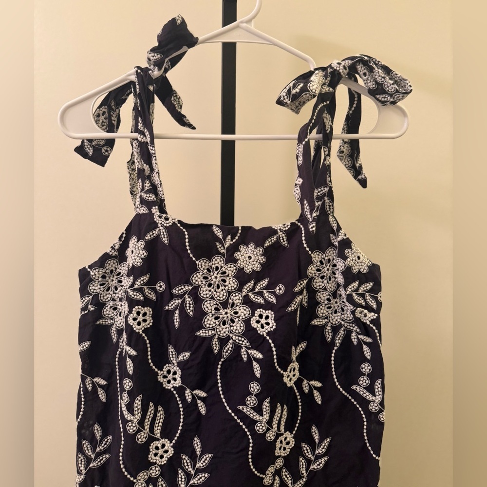 LOFT Navy Floral Eyelet with Faux Tie Strap Mini Dress - Picture 3 of 12